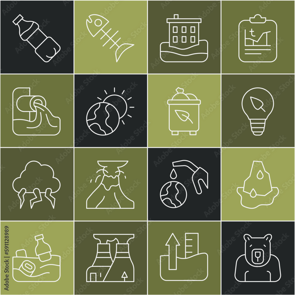 Set line Polar bear head, Glacier melting, Light bulb with leaf, House flood, Global warming, Wastewater, Bottle of and Recycle bin recycle icon. Vector Set line Polar bear head, Glacier melting, Light bulb with leaf, House flood, Global warming, Wastewater, Bottle of and Recycle bin recycle icon. Vector