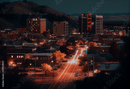Billings Montana Cityscape streaming lights. Generative AI photo