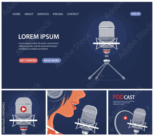 Young girl singer in a recording studio. Microphone and headphones. Set web banner. Beautiful song and voice. Music album recording, artwork, radio podcast and live. Cartoon vector illustration