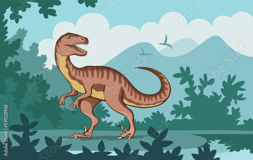 Velociraptor with dangerous claws. Predatory dinosaur of the Jurassic period. Strong hunter raptor. Prehistoric landscape and pangolin. Cartoon vector art illustration hand drawn