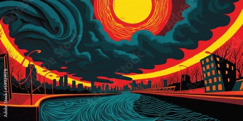 Beautiful sunset. Environmental city, art. Beautiful illustration picture. Generative AI