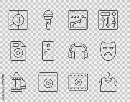 Set line Camera roll cartridge, Sleeveless T-shirt, Histogram graph photography, Online play video, Old film movie countdown frame, Backstage, Play Video and Drama theatrical mask icon. Vector
