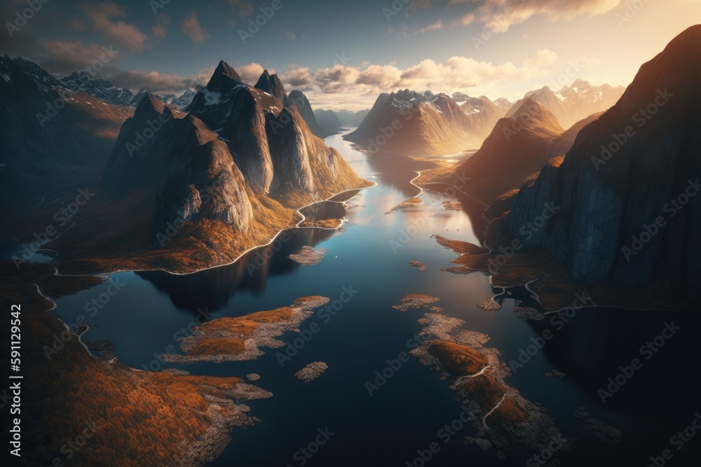 Aerial view of mountains and lake. Beautiful illustration picture. Generative AI