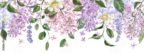 Spring floral frame, watercolor illustration. Botanical border made of lilac flowers and lush greenery.