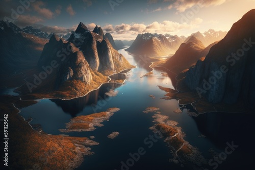 Aerial view of mountains and lake. Beautiful illustration picture. Generative AI © standret