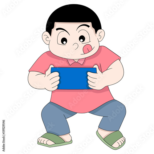 boy is busy seriously playing game from smartphone