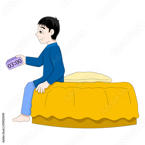 boy is setting the alarm clock to wake up early