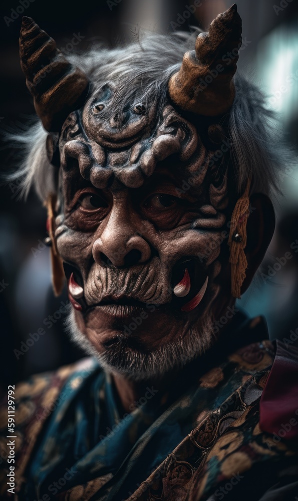 Old man. Portrait of Japanese style warrior in the fearsome mask. Beautiful illustration picture. Generative AI