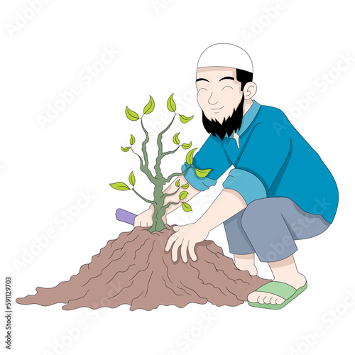 Islamic man really loves the earth by planting reforestation plants