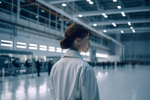 Female worker on the futuristic space factory. Beautiful illustration picture. Generative AI