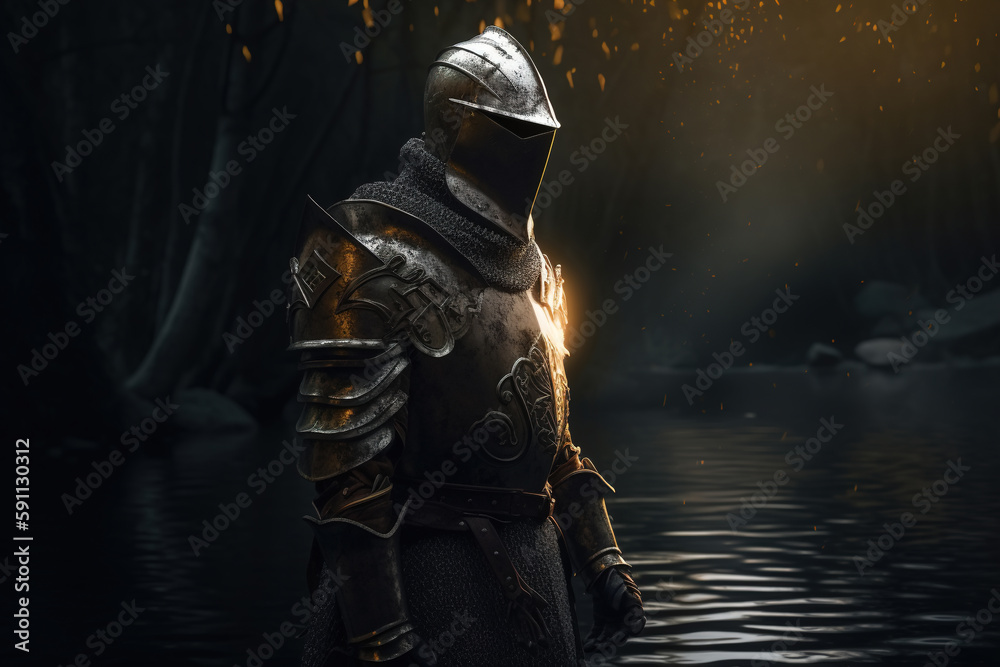 Medieval knight in a helmet and armor standing in the water in the forest. Fantasy illustration of Generative AI