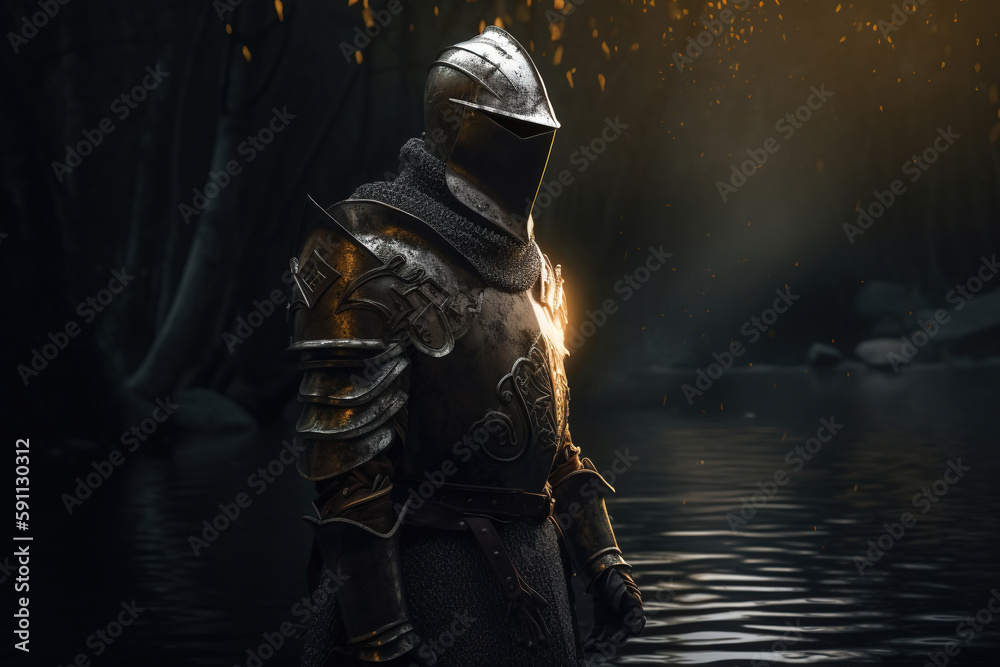 Medieval knight in a helmet and armor standing in the water in the forest. Fantasy illustration of Generative AI Medieval knight in a helmet and armor standing in the water in the forest. Fantasy illustration of Generative AI
