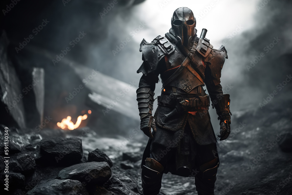 Warrior in helmet and leather armor outdoors, post apocalypse. Dark fantasy illustration Generative AI Warrior in helmet and leather armor outdoors, post apocalypse. Dark fantasy illustration Generative AI