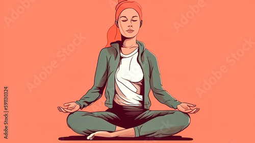 Young girl meditates, yoga and relaxation, generative AI. © puhimec