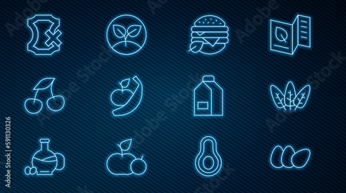 Set line Chicken egg, Leaf, Vegan food diet, Apple and banana, Fresh berries, No leather, Paper package for milk and Sprout icon. Vector