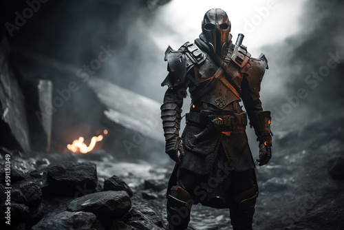 Warrior in helmet and leather armor outdoors, post apocalypse. Dark fantasy illustration Generative AI