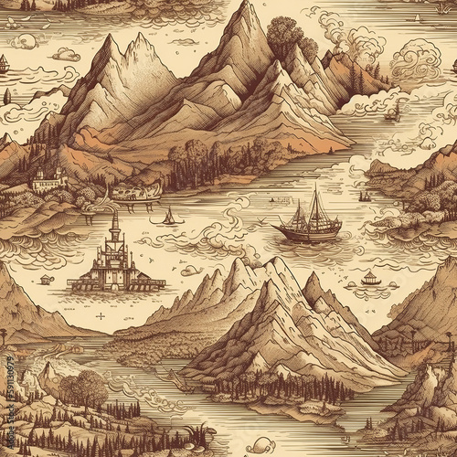 Old map vintage mountain seamless patter generative ai