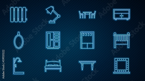 Set line Makeup mirror with lights, Baby crib cradle bed, Wooden table chair, Wardrobe, Mirror, Heating radiator, and Table lamp icon. Vector