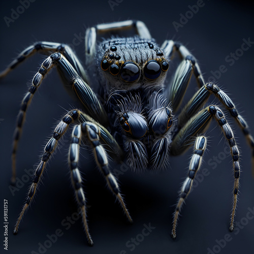 Close up of a spider isolated on dark background. Jumping spider macro  created by Generative AI