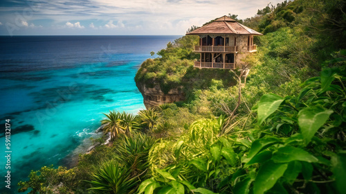 A spectacular image of a luxury tropical villa with awe-inspiring panoramic ocean views, exuding opulence and tranquility photo