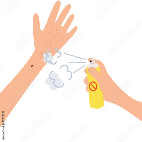 The human hand with the tick bite.  Protection against mosquitoes,ticks and other insects. Aerosol to prevent insect bites. Healthcare illustration. 