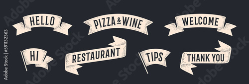 Vintage ribbon banner graphic set. Set of vintage banner, ribbon, text Welcome, Hello, Thank You, old school graphic elements, Pizza, Restaurant. Design ribbon engrave element. Vector Illustration
