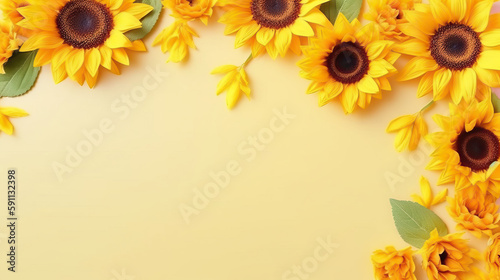 Spring frame of yellow flowers sunflowers on a yellow background top view in flat lay style. Greeting for Womens or Mothers Day or Spring Sale Banner. Generative AI 