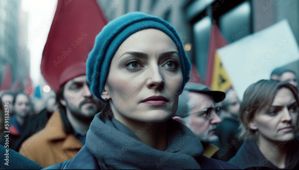Fototapeta premium Protest, uprising, march or strike in city street. Generative AI