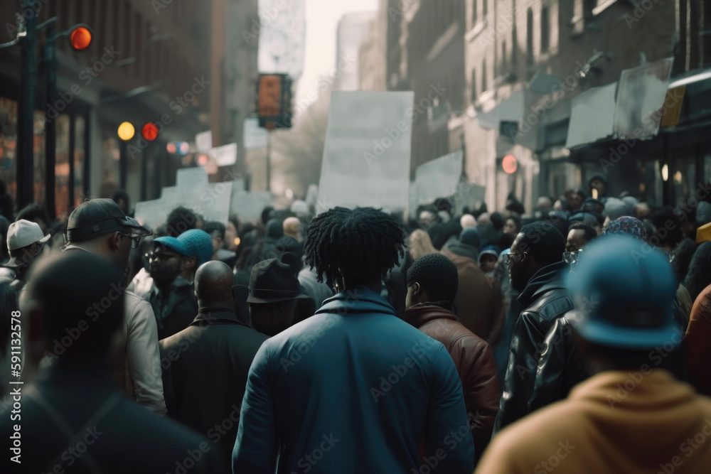 Protest, uprising, march or strike in city street. Generative AI