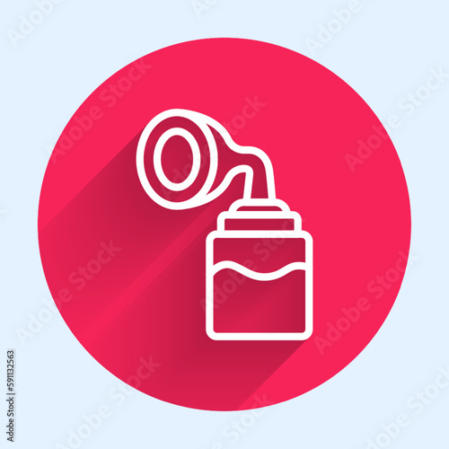 White line Breast pump icon isolated with long shadow background. Red circle button. Vector