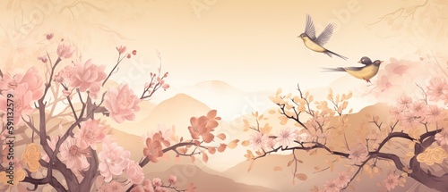 a bird on the branch of cherry blossom branch, sunset scene, wallpaper, In the chinese paintings style, Generative AI