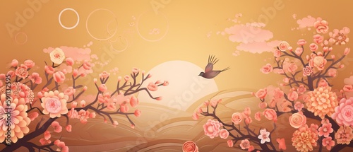a bird on the branch of cherry blossom branch  sunset scene  wallpaper  In the chinese paintings style  Generative AI