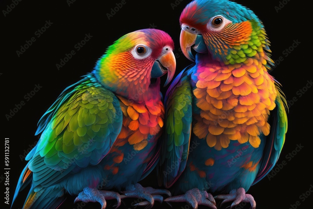 Generative AI, Generativ, KI, Papageien Paar, Zwei Papageien, Bunt, Farbenfroh, Gelb Blau Grün Orange, Schwarzer Hintergrund 