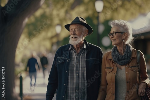 Senior active couple walking down the street. Generative AI