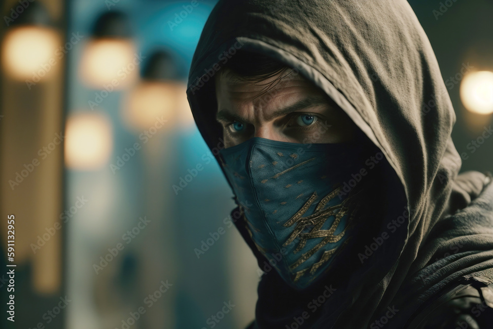 Portrait of a man in dark hood and mask on his face on city street. Generative AI Portrait of a man in dark hood and mask on his face on city street. Generative AI