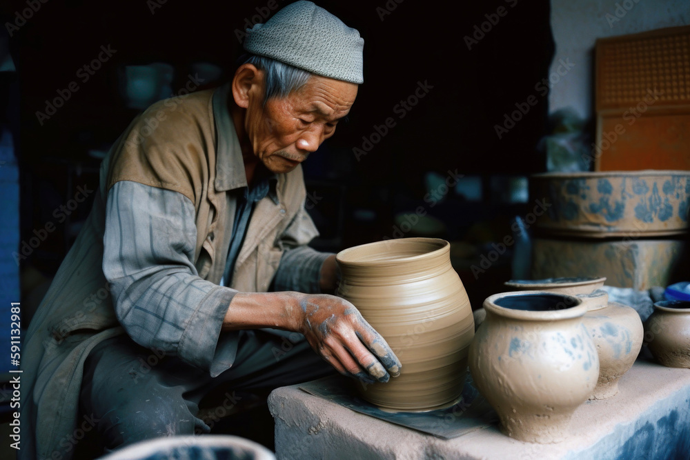 Man making a pot on a wheel in a pottery workshop. Generative AI Man making a pot on a wheel in a pottery workshop. Generative AI