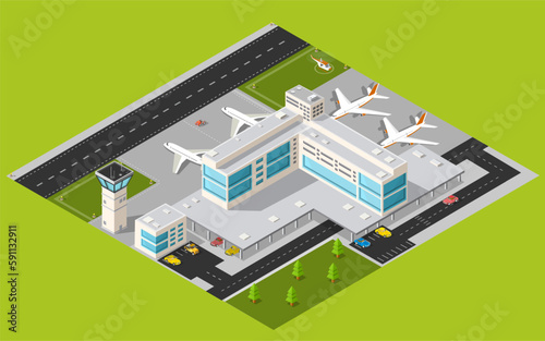 Isometric 3D airstrip of the city international airport terminal and transportation