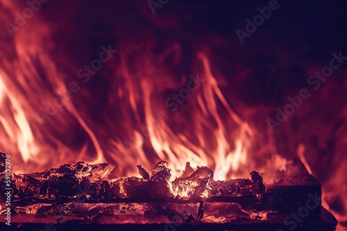 Close up of a fire in a fireplace, coals burning. Generative AI