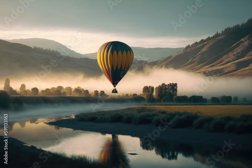 Hot air balloon flying over foggy mountains at sunrise. Generative AI