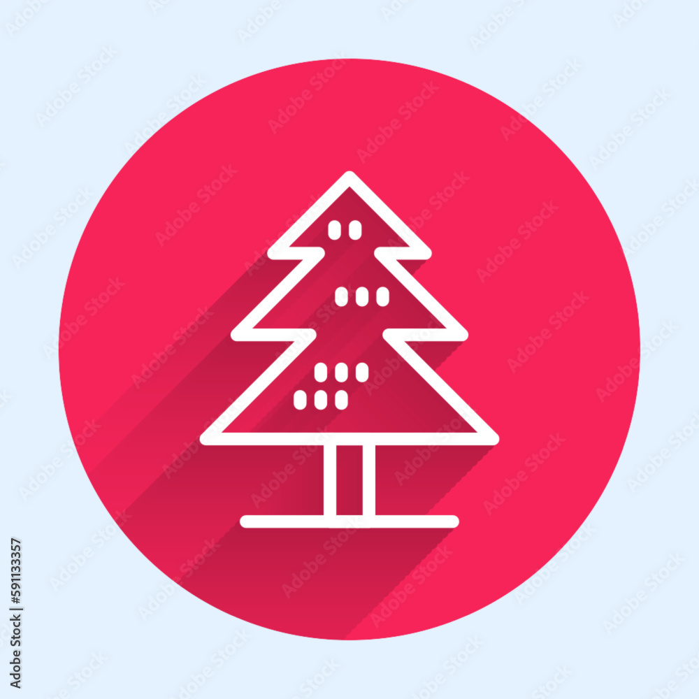 White line Tree icon isolated with long shadow background. Forest symbol. Red circle button. Vector