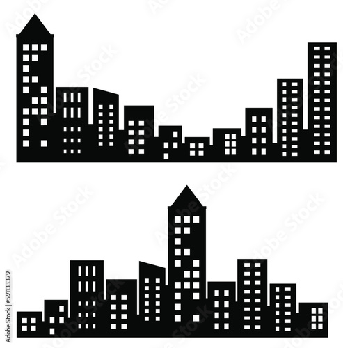 Flat Black Cityscape Silhouette city buildings set Modern