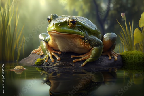 A green frog sitting on a rock in pond. Generative AI