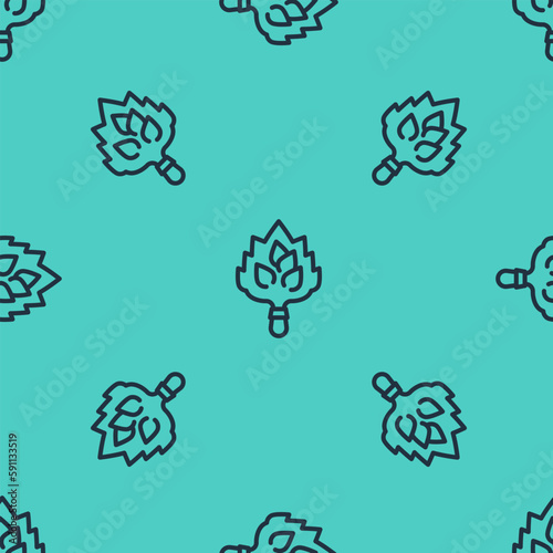Black line Sauna broom icon isolated seamless pattern on green background. Broom from birch twigs, branches for Russian steam bath, sauna, washhouse. Vector