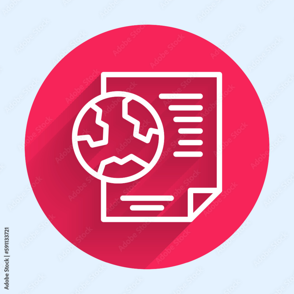 White line Earth globe with document icon isolated with long shadow background. World or Earth sign. Global internet symbol. Geometric shapes. Red circle button. Vector White line Earth globe with document icon isolated with long shadow background. World or Earth sign. Global internet symbol. Geometric shapes. Red circle button. Vector