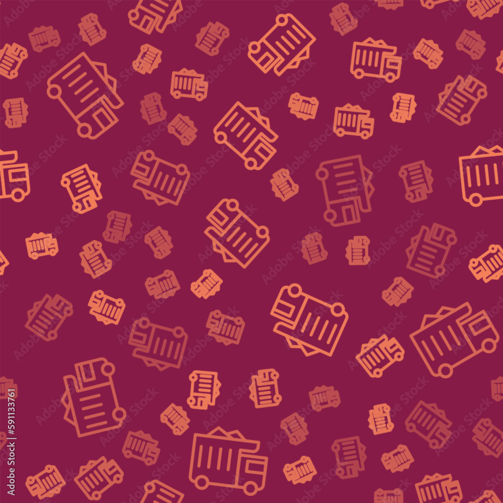 Brown line Large industrial mining dump truck icon isolated seamless pattern on red background. Big car. Vector Brown line Large industrial mining dump truck icon isolated seamless pattern on red background. Big car. Vector