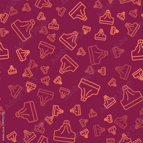 Brown line Volcano icon isolated seamless pattern on red background. Vector