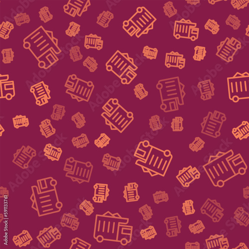 Brown line Large industrial mining dump truck icon isolated seamless pattern on red background. Big car. Vector