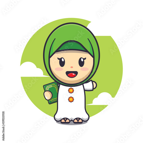 Cute girl holding book cartoon vector illustration. Ramadhan cartoon mascot vector illustration.