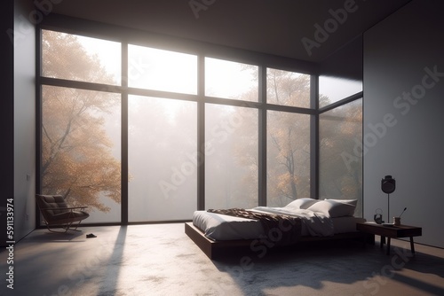 A bedroom with trees in the window and in the style of minimalist sets. Generative AI.
