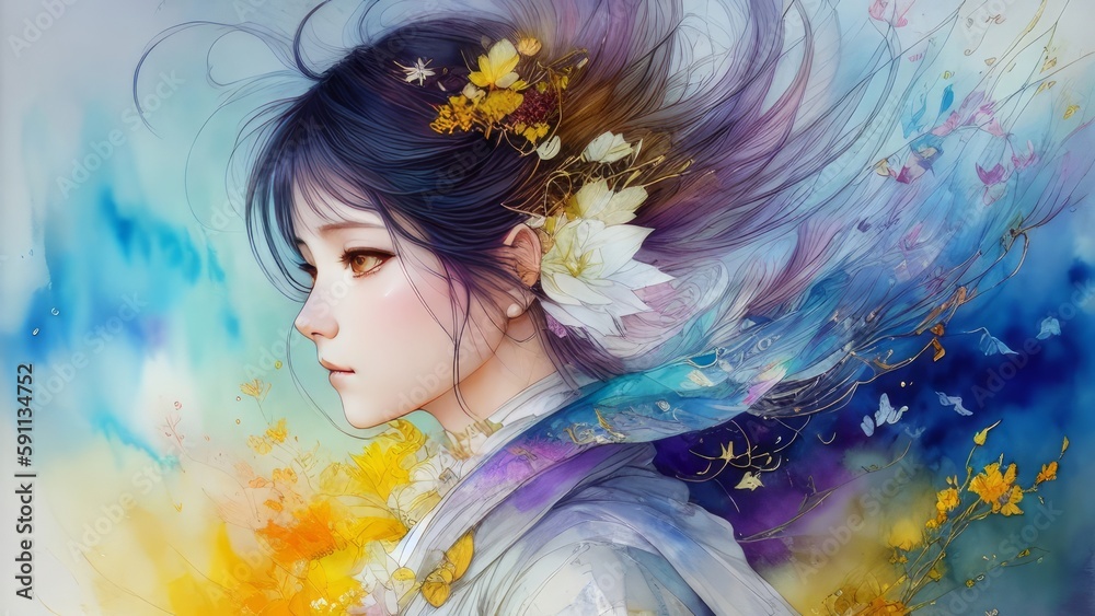 Beautiful asian woman with spring flowers in her hair. Digital painting 2 generative AI